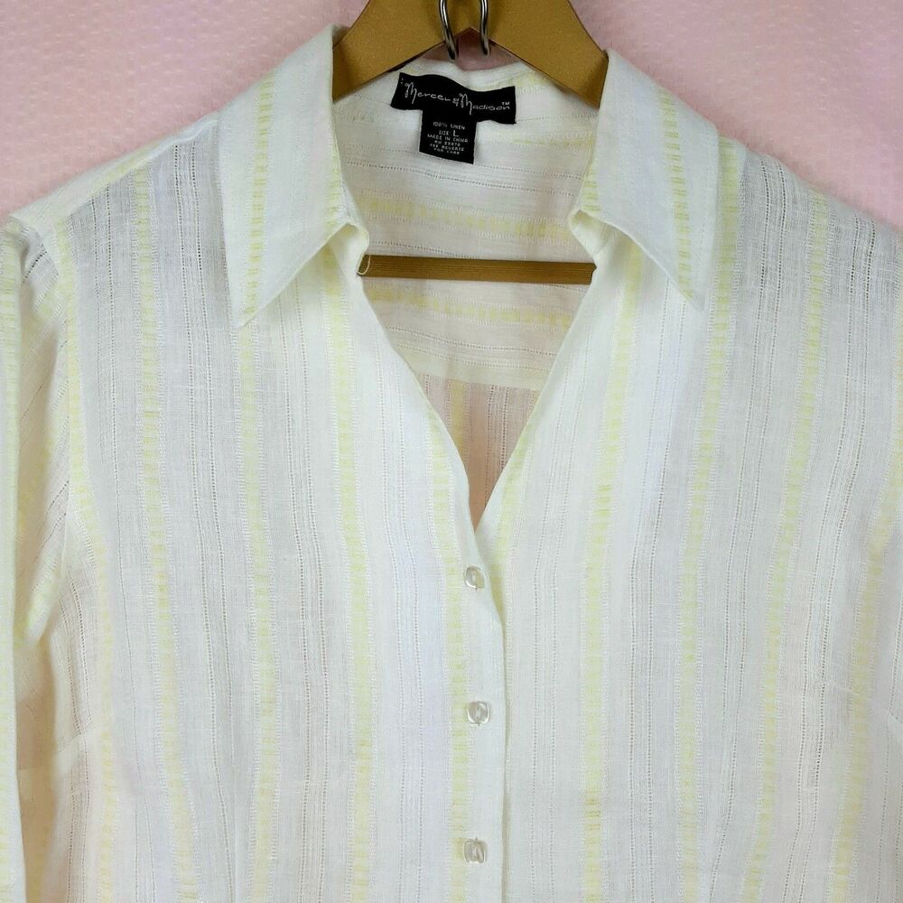 Mercer & Madison Women White and Yellow 100% Linen Button Shirt Long Sleeve Sz L - Picture 11 of 11